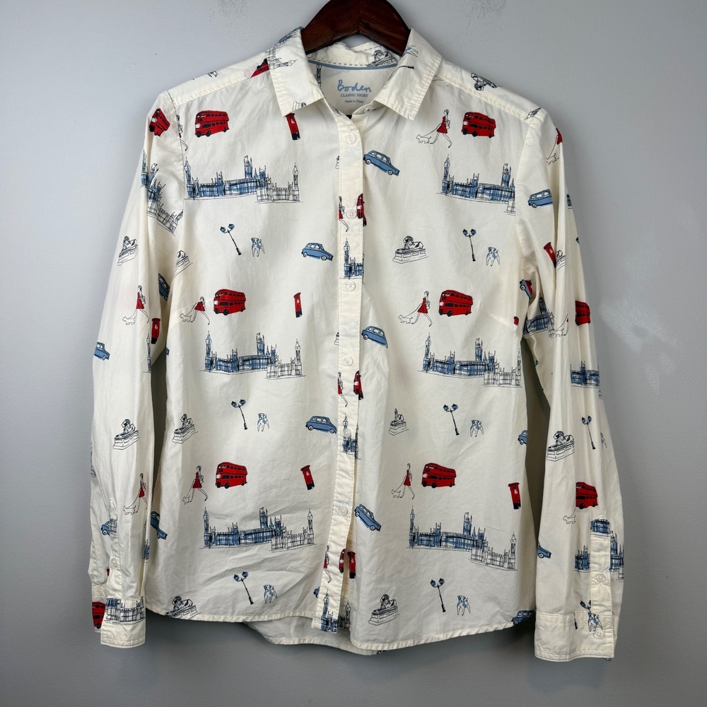 Boden White Button-Down Shirt with Red & Blue London Prints - Picture 4 of 10